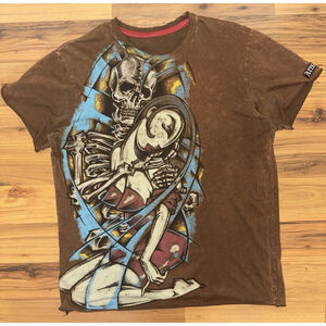 Affliction Skull Pinup Graphic Tee Grunge Y2K Biker Distressed Brown Goth Medium